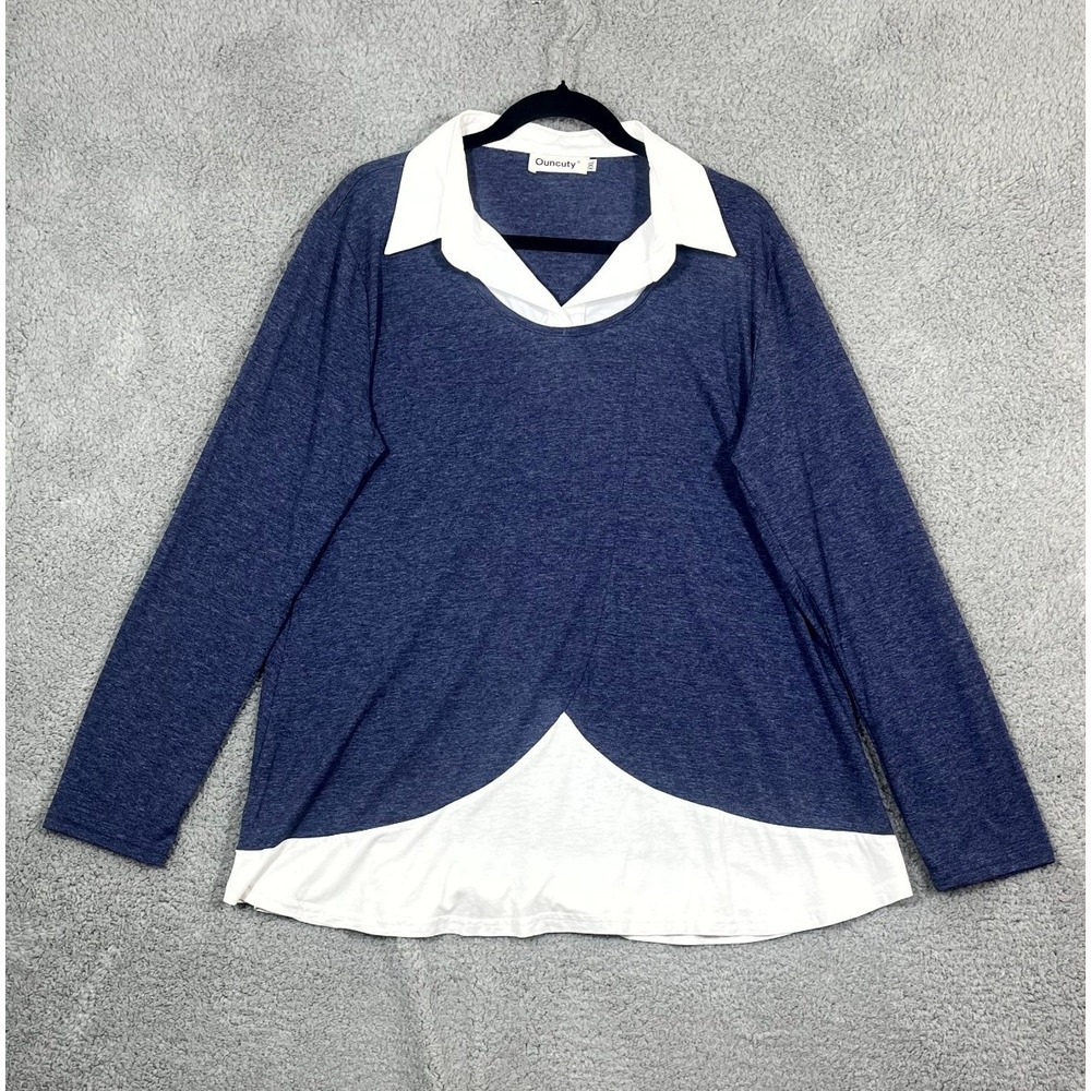 Ouncuty Tunic Top Women 2XL Blue Cotton Stretch Patchwork Preppy Career Comfort